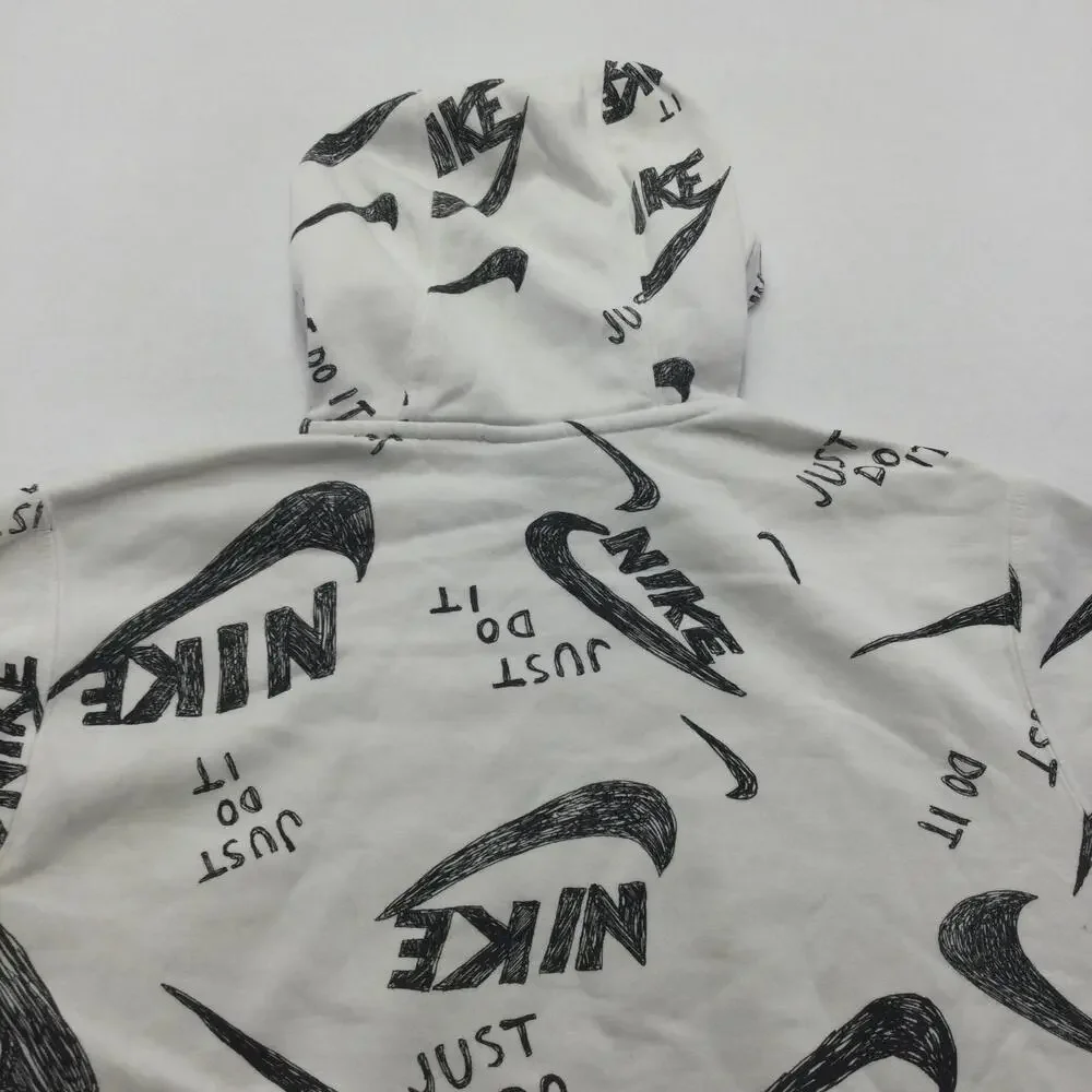 Nike Hoodie Mens Medium White Just Do It Allover Graphic Pullover Sweatshirt